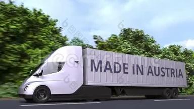 现代电动半挂车卡车与奥地利制造文本在一边。 委内瑞拉进口或出口的相关循环